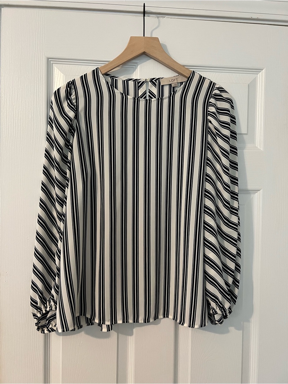 LOFT Navy & White Vertical Stripe Long Sleeve Blouse